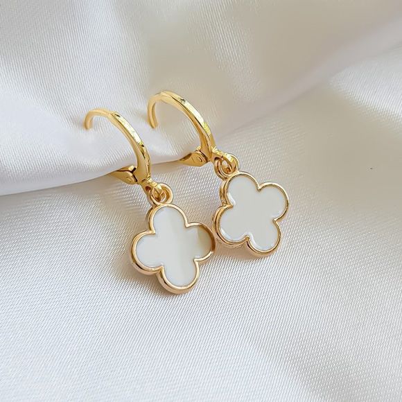 Jewelry - Gold & White Enamel Clover Earrings